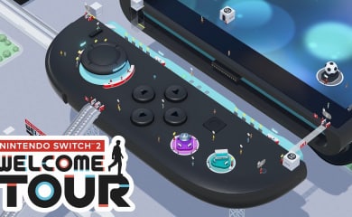 Small figures running around on a giant Nintendo Switch 2 with the Nintendo Switch 2 Welcome Tour logo in the bottom left.