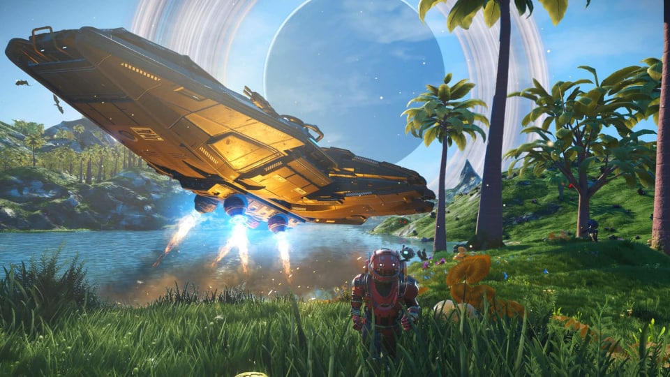 The player running towards the camera in front of a starship lifting off in the No Man's Sky Voyagers update