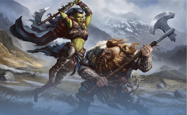 An orc with a battleaxe fighting a dwarf in the middle of an icy wasteland.