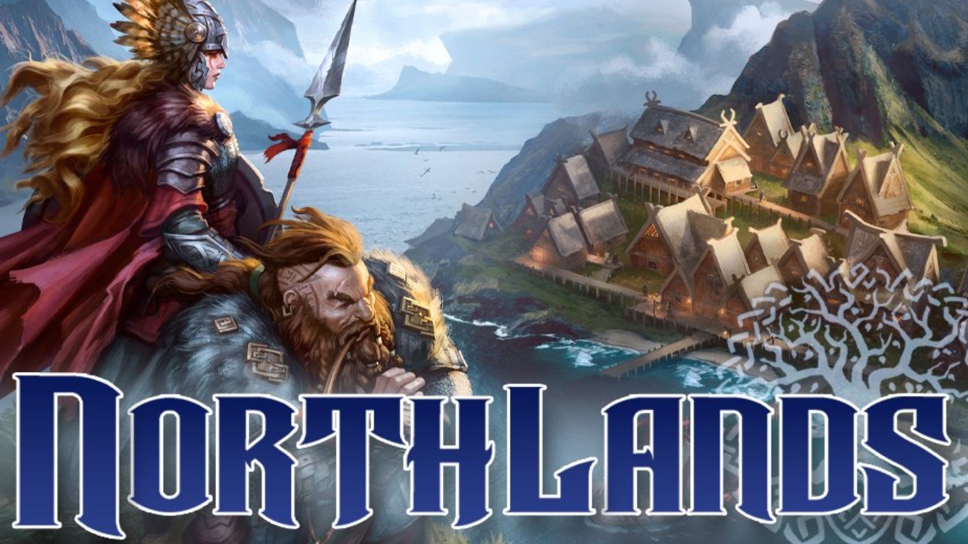 A woman in armor and a dwarf overlooking a norse town. The title, "Northlands" is at the bottom in blue text.