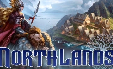 A woman in armor and a dwarf overlooking a norse town. The title, "Northlands" is at the bottom in blue text.