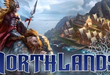 A woman in armor and a dwarf overlooking a norse town. The title, "Northlands" is at the bottom in blue text.