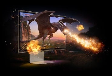 The Samsung Odyssey 3D monitor with a dragon popping out of the screen.