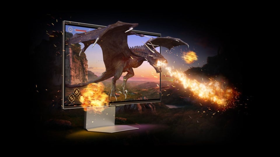 The Samsung Odyssey 3D monitor with a dragon popping out of the screen.