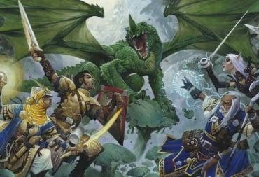 Official artwork of the Pathfinder Second Edition Beginner Box, showing an adventuring party fighting a dragon.