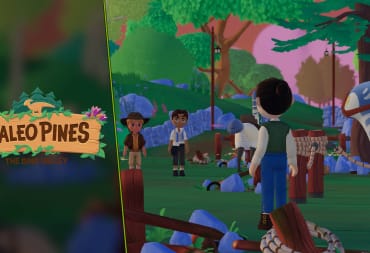 Paleo Pines Starter Guide - Cover Image Player Character and Lucky Meeting Mari and Owynn for the First Time on the Ranch