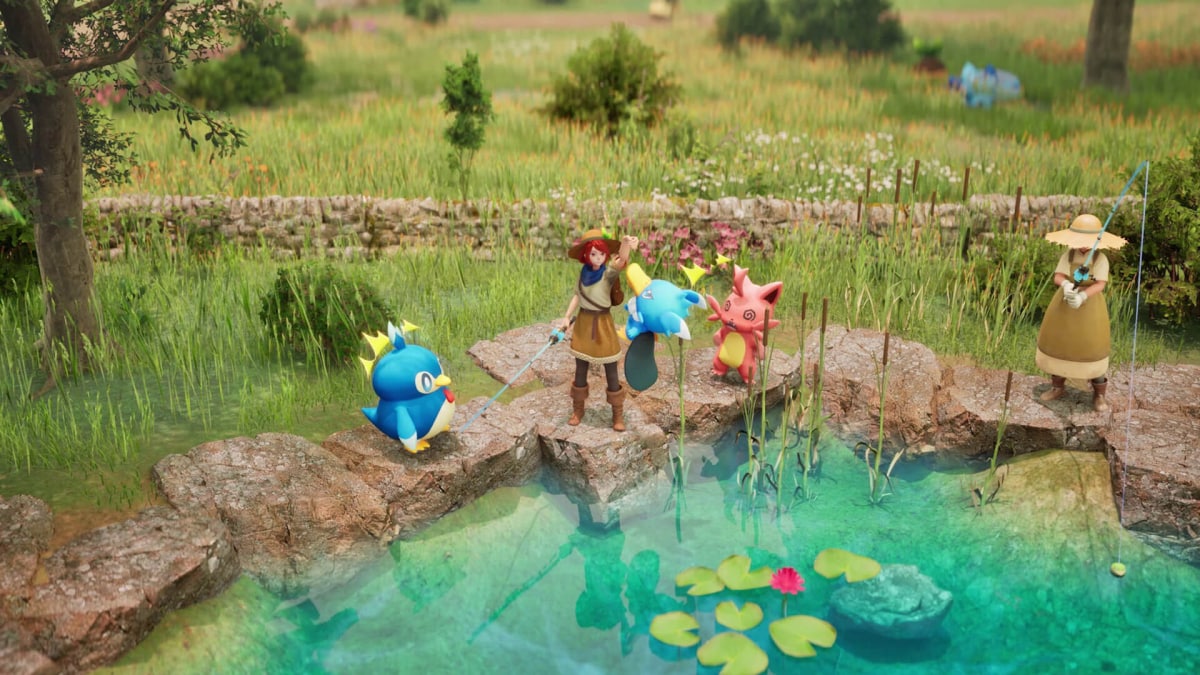The player and a companion fishing alongside a group of Pals in Palfarm
