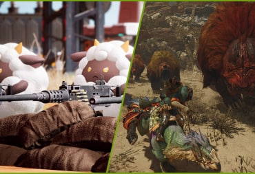 Sheep-like Pals firing guns in the Pocketpair game Palworld next to the player being chased by monsters in Monster Hunter Wilds