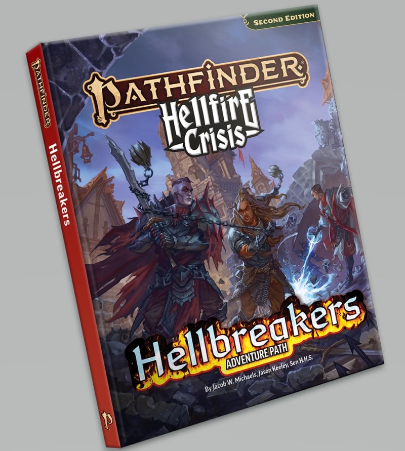 A hardcover book whose front depicts a pale man in black spiked armor fighting a woman wielding a flail.