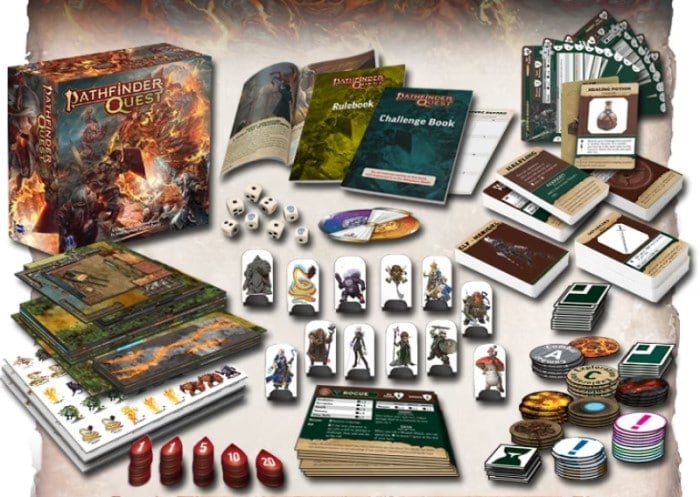 A game box and a spread of game boards, cards, dice, tokens, and standees on a white background.