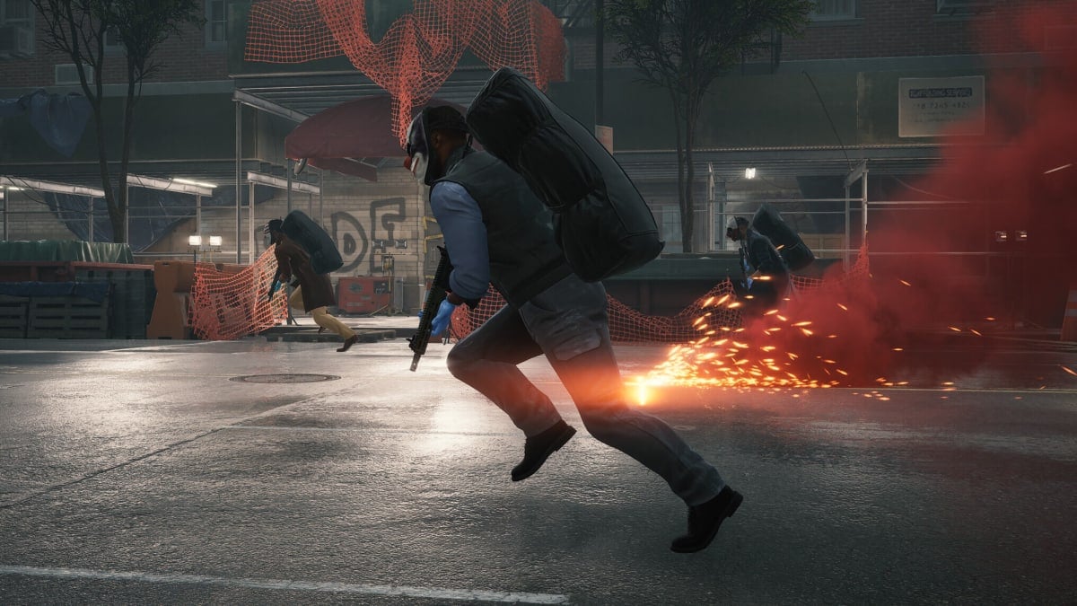 Heisters running as red smoke goes off in Starbreeze's Payday 3