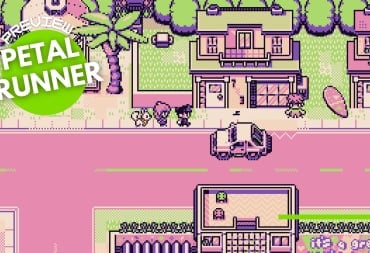 A pixelated town with a topdown view of a car driving on the street and people walking on the sidewalk.