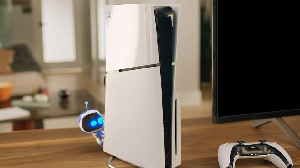 Astro poking his head around a PlayStation 5 console