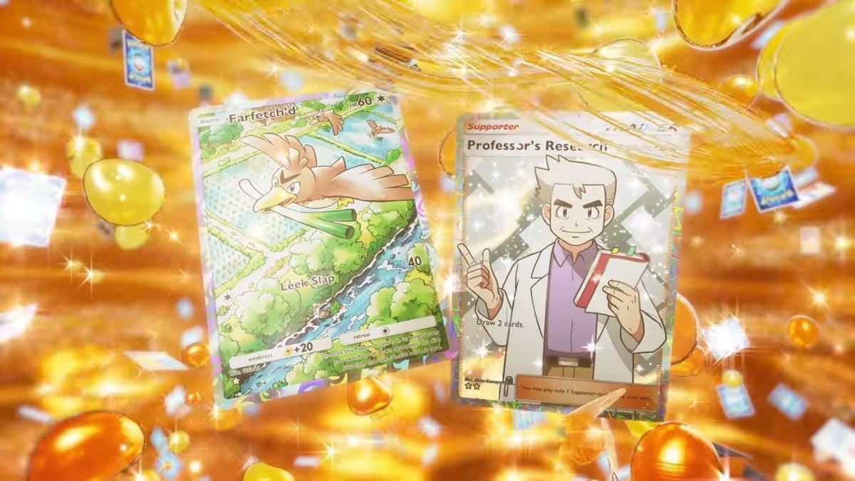 Farfetch'd and Professor's Research cards from the new Pokemon TCG Pocket Deluxe Pack ex set