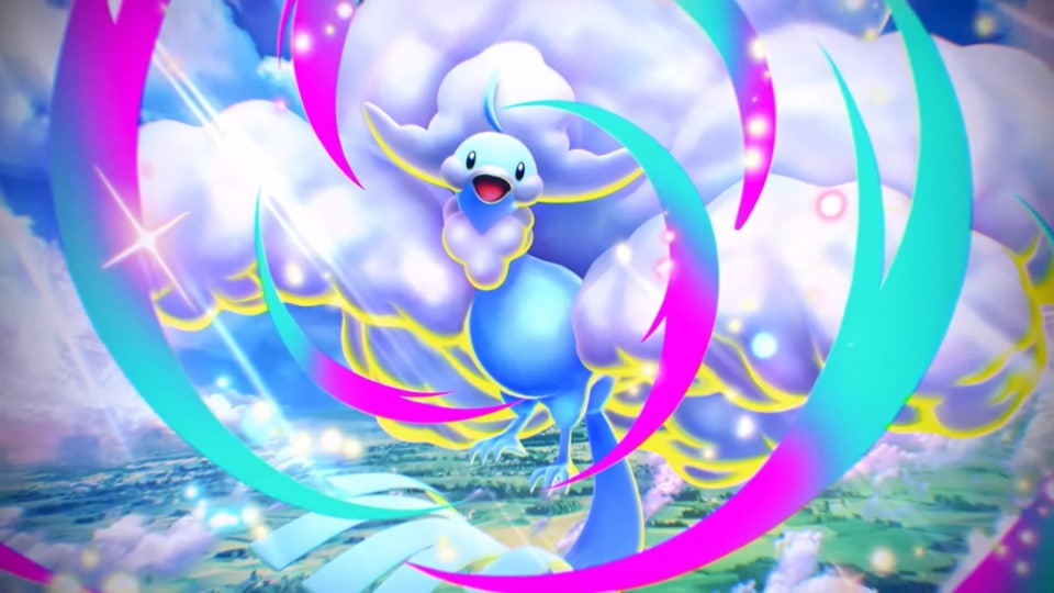 Mega Altaria looking happy in artwork for the Pokemon TCG Pocket Mega Evolution feature