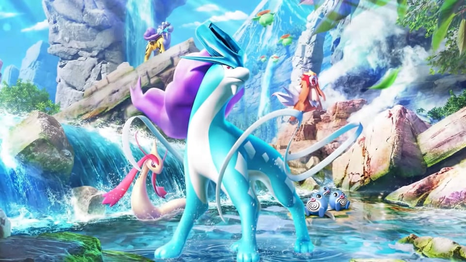 A number of Pokemon, including Entei, Suicune, and Raikou, in artwork for the Pokemon TCG Pocket Secluded Springs expansion