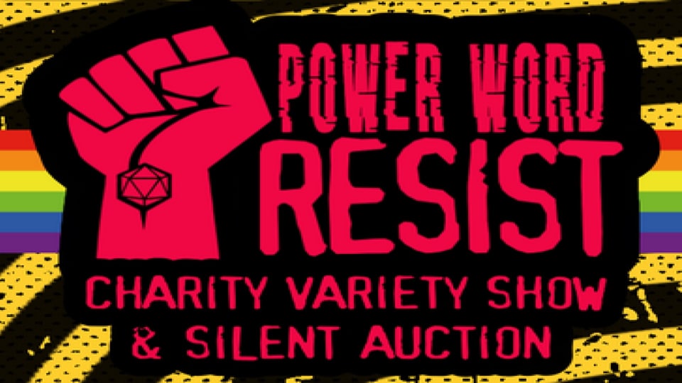 An upraised fist with the text "Power Word Resist" in hot pink color on a black background.