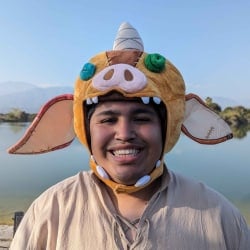A picture of Luis wearing a Bokoblin mask