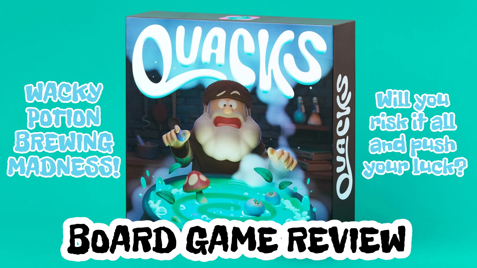 An image of the board game Quacks with text on screen