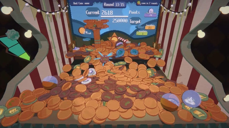 Coins being raked in in the coin-pusher roguelike Raccoin