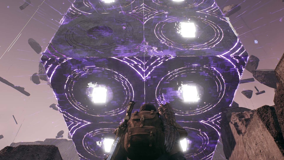 The player stares up at the Labyrinth Sentinel, a large world boss in Remnant 2.