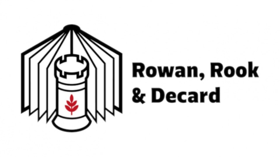 A stylized logo of an open book with a Rook piece in the middle. The words, "Rowan, Rook, and Decard" are next to it in black text.