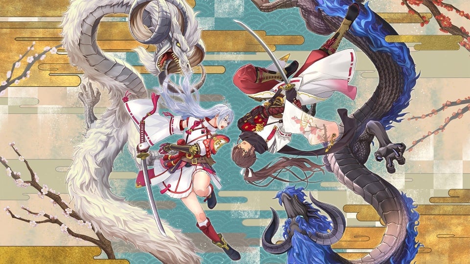 Rune Factory: Guardians of Azuma key art showing the two playable characters next to dragons.