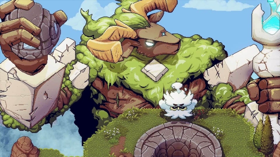 A large rock giant with a ram's head picks up a stone sphere to throw it.