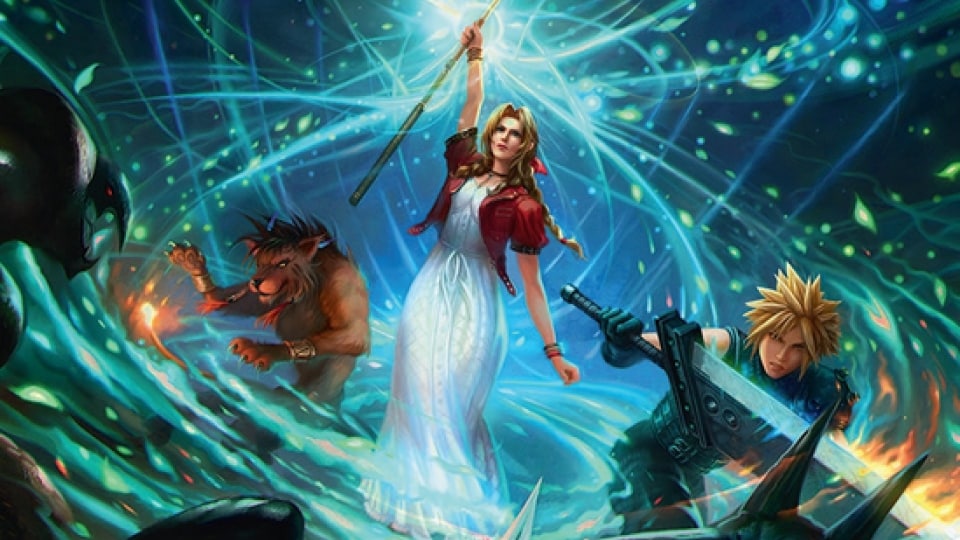 A woman in a dress surrounded by a swirling field of energy.