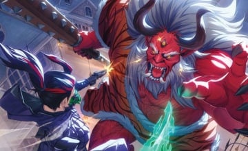 Artwork of a red-horned oni fighting a shinobi wielding a glowing sword.