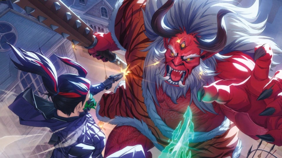 Artwork of a red-horned oni fighting a shinobi wielding a glowing sword.