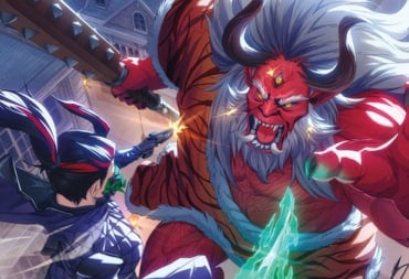 Artwork of a red-horned oni fighting a shinobi wielding a glowing sword.
