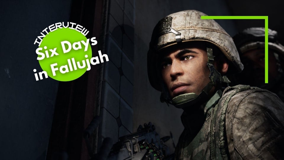 A solder looks at the screen in Six Days in Fallujah