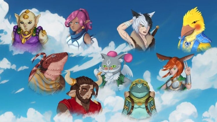 9 Profiles of different skypeople, including a human, catfolk, birdfolk, elf, lizardfolk, frogfolk, deerfolk, and bull.