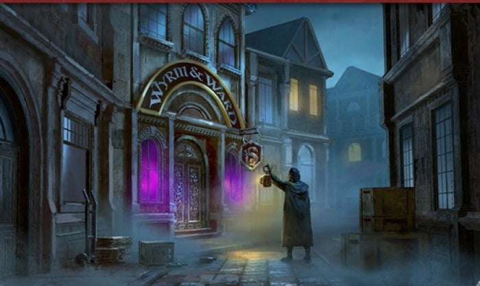 A man with an oil lantern wandering a cobblestone street. A sign behind him reads, "Wyrm & Ward."