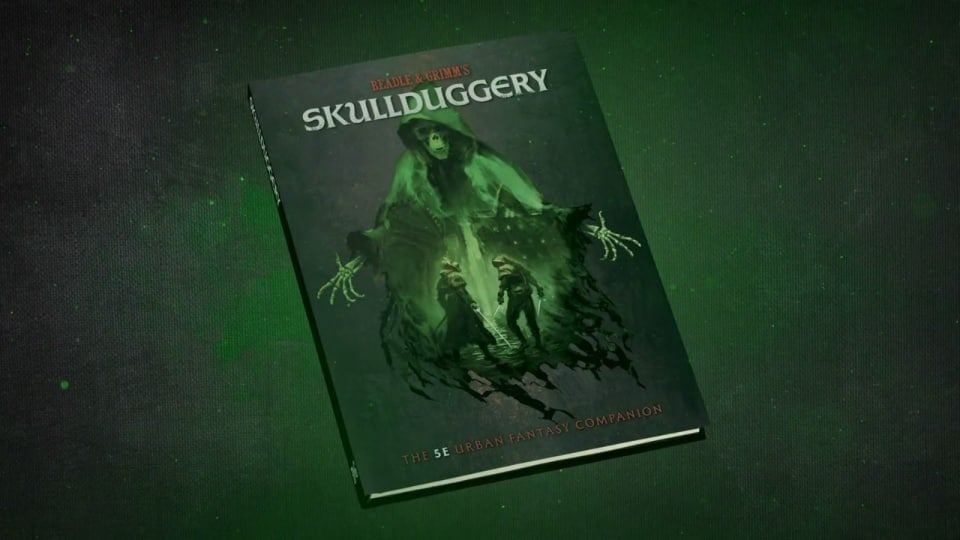 A black cover book with a green glowing skeleton on the front. The title, "Skulldugger" is above in white text.