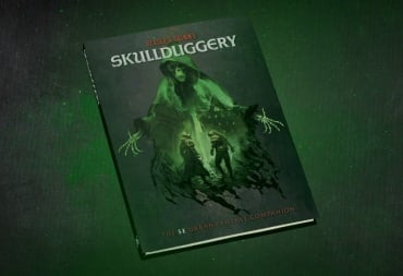 A black cover book with a green glowing skeleton on the front. The title, "Skulldugger" is above in white text.