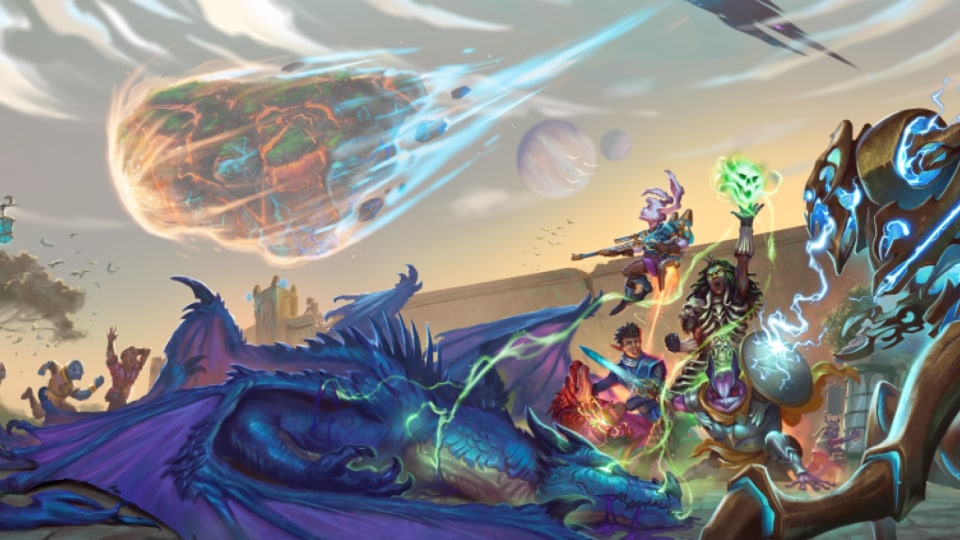 An adventuring party fighting a dragon. A meteor is flying through the air in the distance.