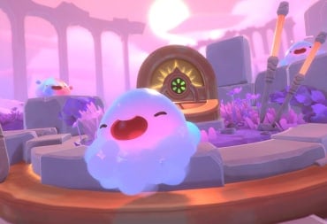 Two very happy-looking slimes on a stone pedestal in Monomi Park's Slime Rancher 2