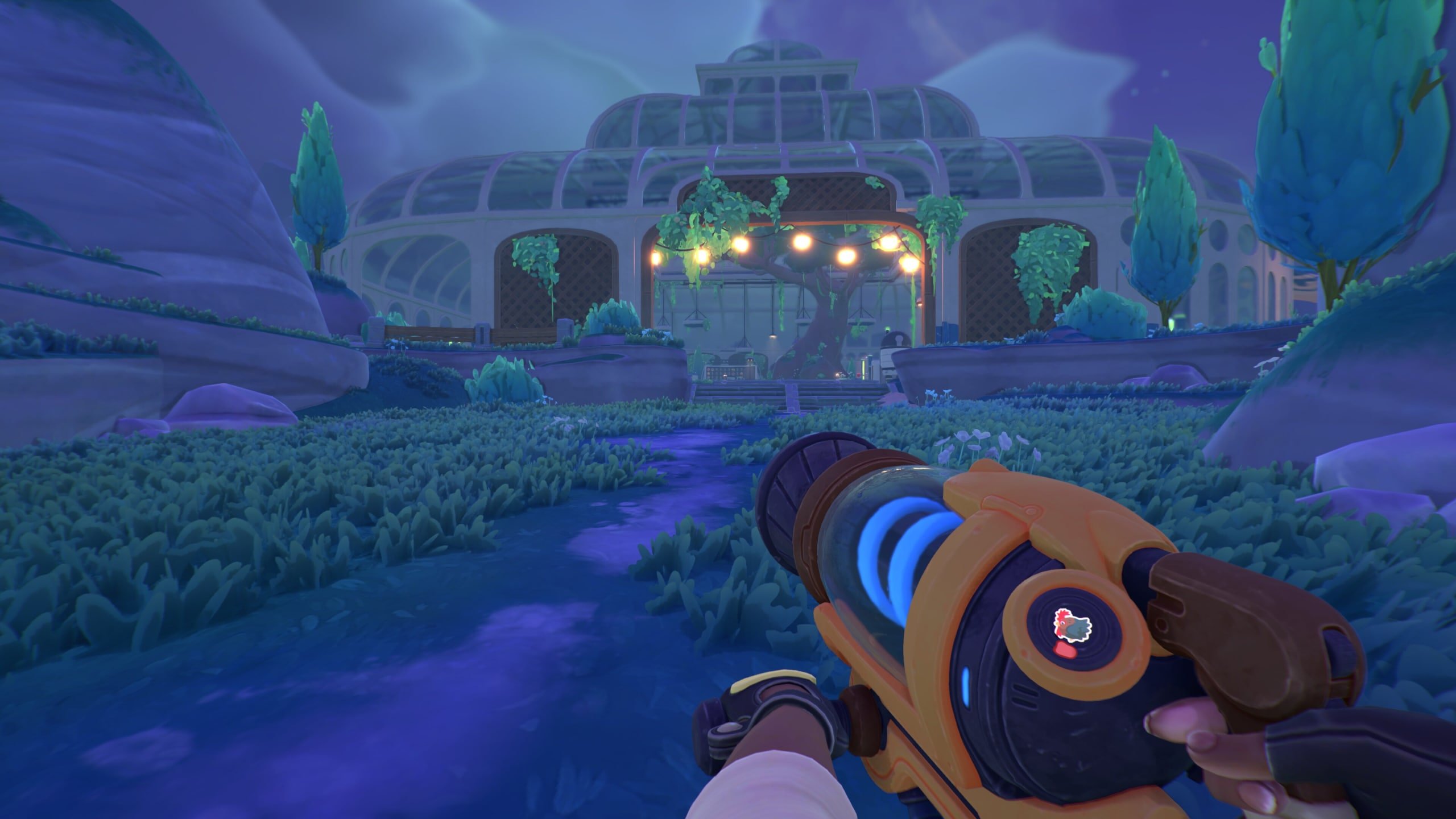 The Conservatory during the nighttime in Slime Rancher 2.