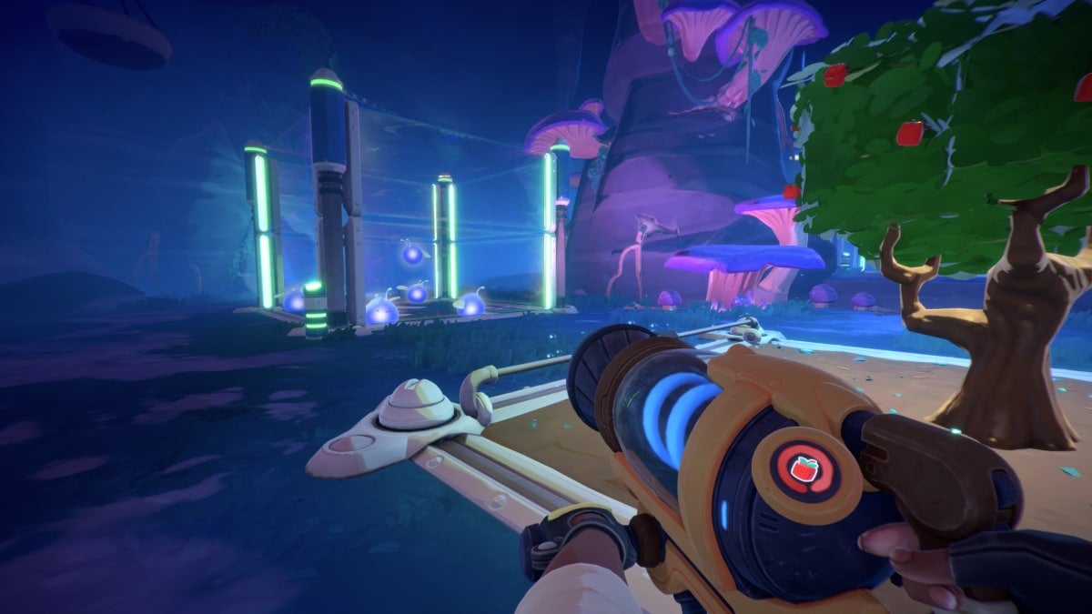 A corral filled with Phosphor Slimes and a Cuberry tree growing in a farm plot in Slime Rancher 2.