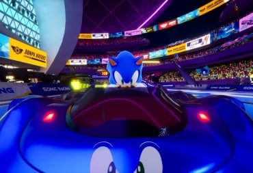 Sonic driving a car with his eyes on it as a motif in Sonic Racing: CrossWorlds