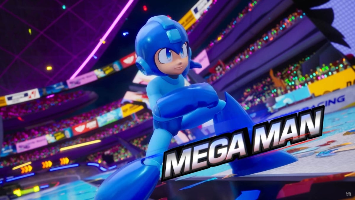 Mega Man posing in Sonic Racing: CrossWorlds, shown during the State of Play in September 2025