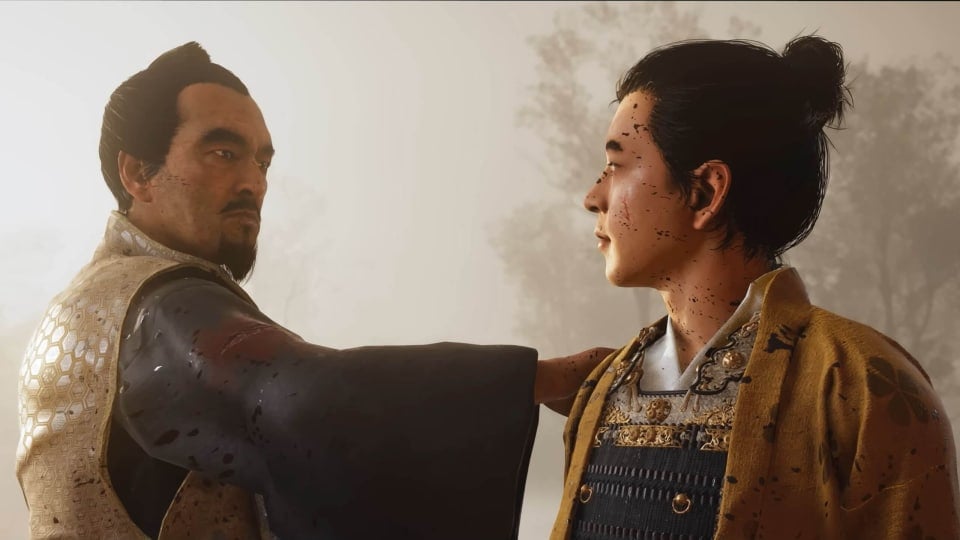 Lord Shimura with his hand on a young Jin Sakai's shoulder in Ghost of Tsushima, the first game in Sony's new Franchise Rewards program