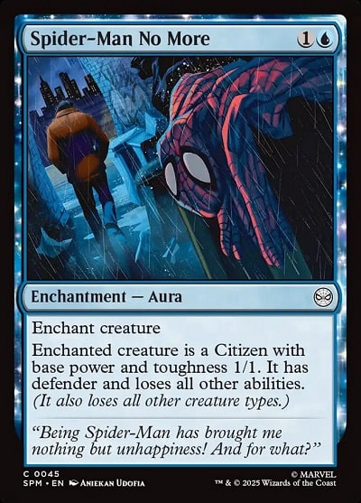 Spider-Man No More MTG card with Peter Parker walking off, leaving his suit in the trash.