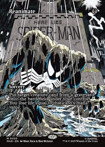 Reanimate Spider-Man Magic: The Gathering card showing Spider-Man emerging from a grave.