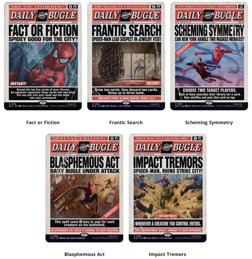 Six cards on a white background. Each card is a mock-up of a front page newspaper featuring artwork of Spider-Man fighting crime.