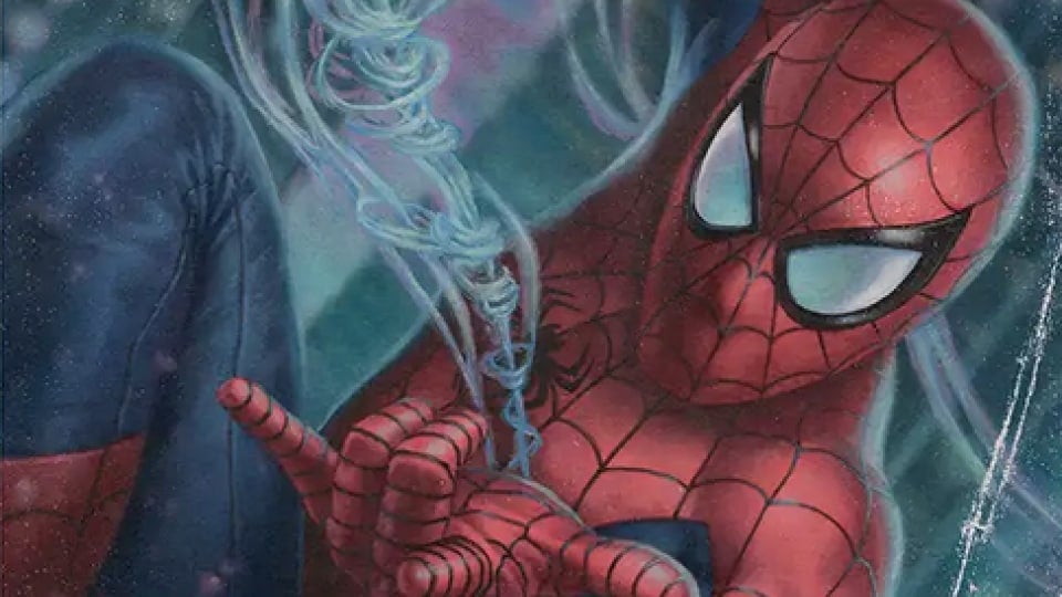 A close-up shot of Spider-Man facing the camera firing a strand of web.