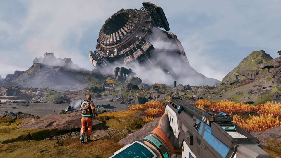 The player alongside another character looking up at a massive structure in StarRupture