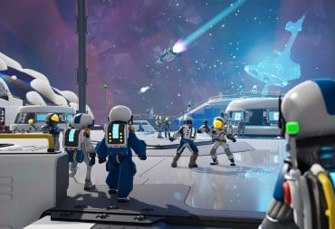 Astronauts aboard a starship looking out to space.